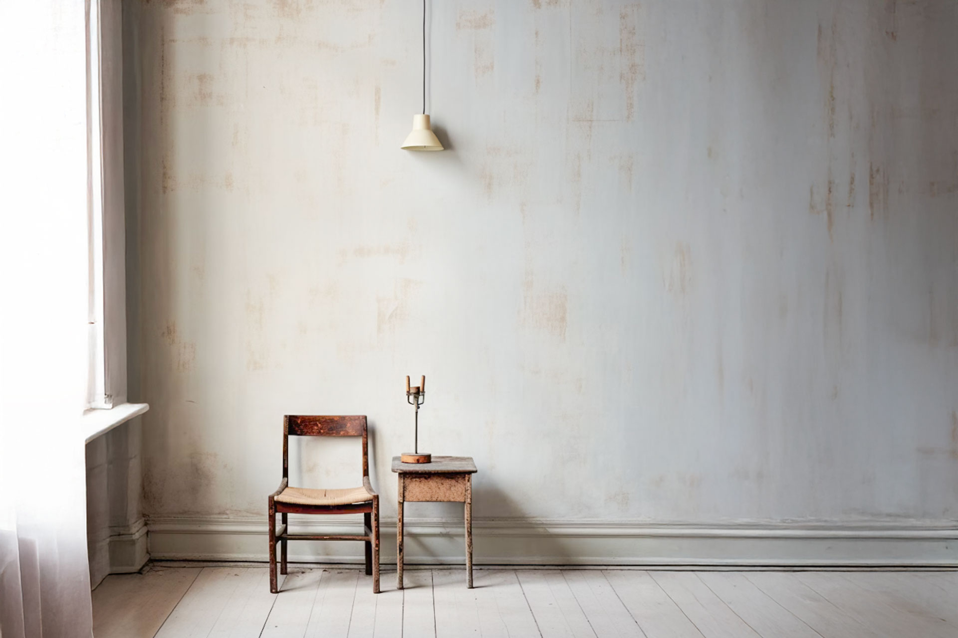 Einzelner Holzstuhl, kleiner Tisch mit Lampe in leerem, hellen Raum.