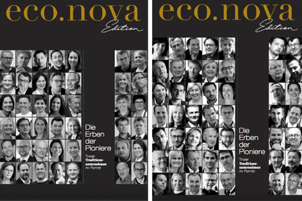 Zwei Titelseiten der eco.nova-Edition mit Schwarz-Weiß-Porträts.