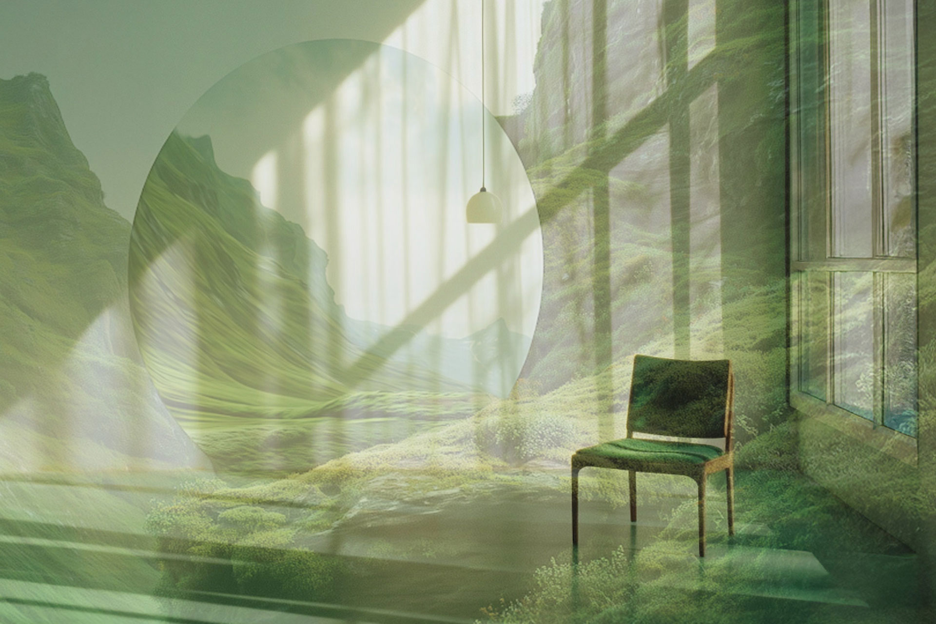 Grüner Stuhl im Licht, überblendet mit Natur- und Landschaftsformen.